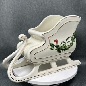 FTD Christmas Sleigh Planter Ceramic Holly Berry Decor Holiday Centerpiece READ